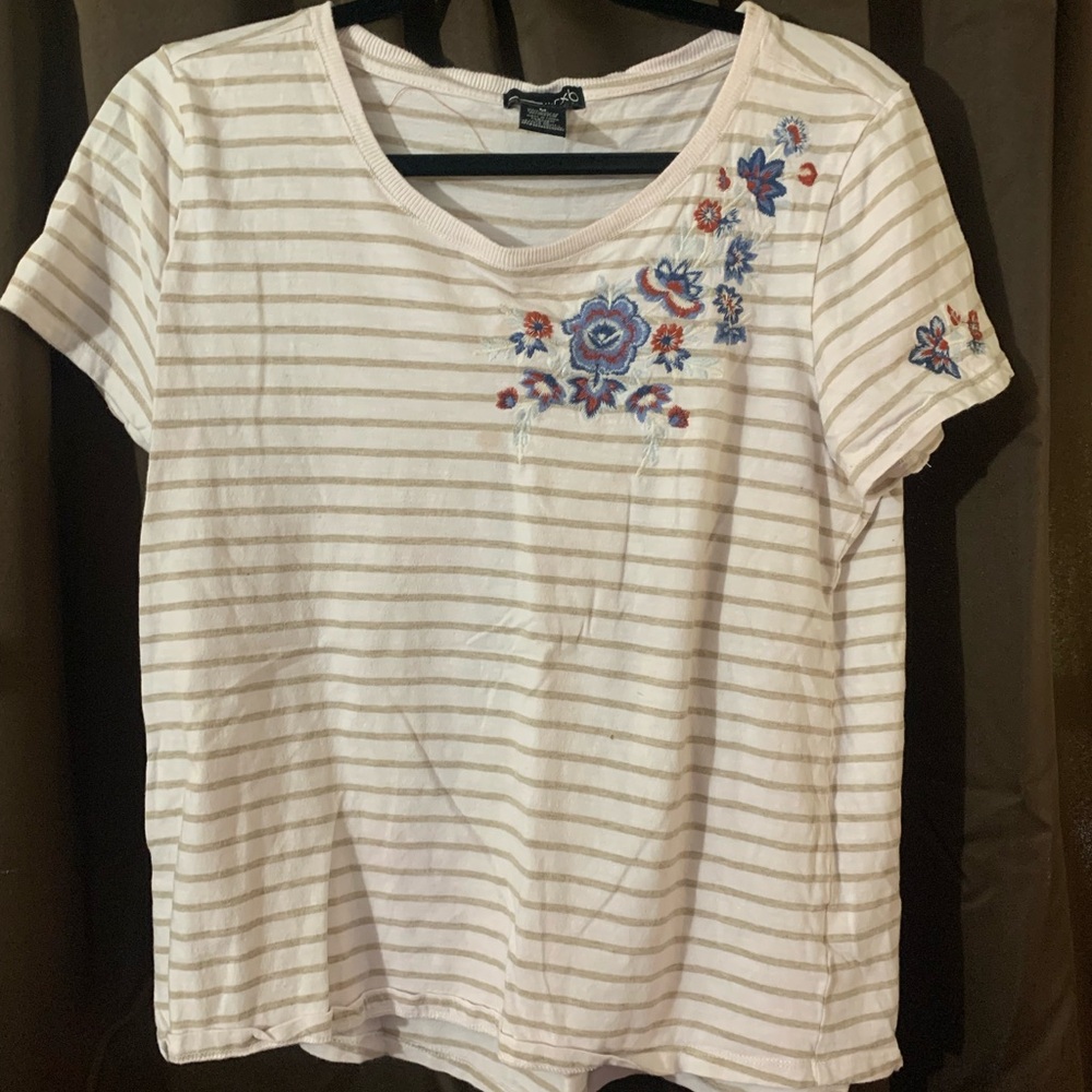 1 white and cream shirt and 1 blue shirt both mediums and 1 grey shirt